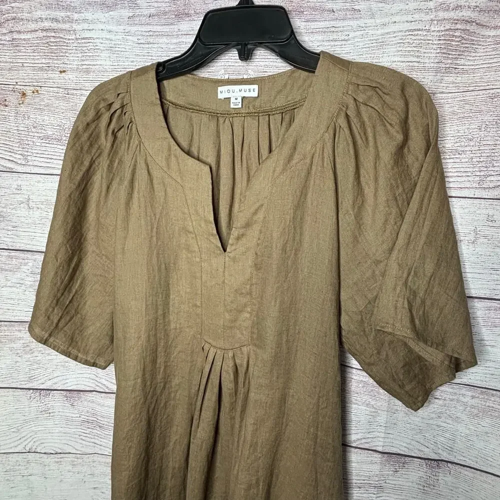 Miou Muse 100% Linen Brown Lagenlook Beachy Relaxed Casual Dress Size Medium